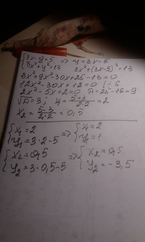 Розв'язати систему рівнянь {3x-y=5 {3x²+y²=13