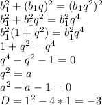 b_1^2+(b_1q)^2=(b_1q^2)^2\\ b_1^2+b_1^2q^2=b_1^2q^4\\ b_1^2(1+q^2)=b_1^2q^4\\ 1+q^2=q^4\\ q^4-q^2-1=0\\ q^2=a\\ a^2-a-1=0\\ D=1^2-4*1=-3