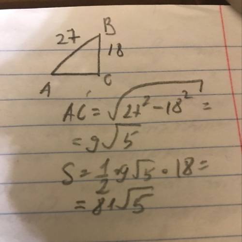 Найдите площадь прямоугольного треугольника, если его большая сторона равна 27, а средняя по величин