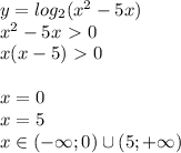 y=log_2(x^2-5x) \\ x^2-5x\ \textgreater \ 0 \\ x(x-5)\ \textgreater \ 0 \\ \\ x=0 \\ x=5 \\ x\in (-\infty;0) \cup (5;+\infty)