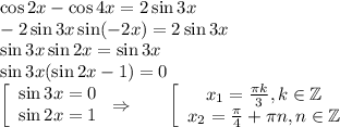 \cos 2x-\cos 4x=2\sin 3x\\ -2\sin3x\sin(-2x)=2\sin3x\\ \sin3x\sin2x=\sin3x\\ \sin3x(\sin2x-1)=0\\ \left[\begin{array}{ccc}\sin3x=0\\ \sin2x=1\end{array}\right\Rightarrow~~~~~ \left[\begin{array}{ccc}x_1= \frac{\pi k}{3},k \in \mathbb{Z}\\ x_2= \frac{\pi}{4}+ \pi n,n \in \mathbb{Z} \end{array}\right