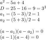 a^2-5a+4 \\ D=25-16=9=3^2 \\ a_1=(5-3)/2=1 \\ a_2=(5+3)/2=4 \\ \\ (a-a_1)(a-a_2)=0 \\ (a-1)(a-4)=0