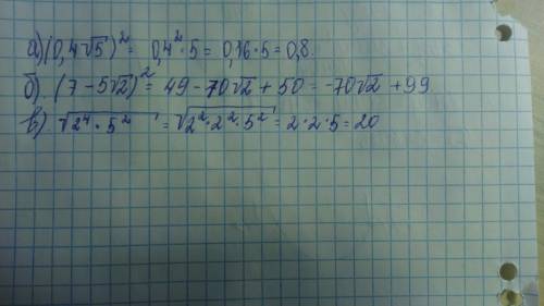 15 решите ток вычислите a) (0.4корень из 5)^2 б)(7-5 корень из 2)^2 в)корень 2^4*5^2