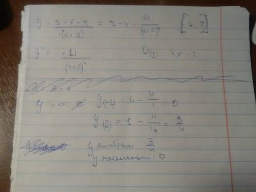 Найти наибольшее и наименьшее значение функции на заданном отрезке у=3-х-4/(х+2)² (-1; 2)