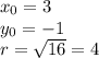 x_0=3&#10;\\y_0=-1&#10;\\r=\sqrt{16}=4
