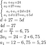 \left \{ {{a_1+a_3=24} \atop {a_2+27=a_6}} \right. &#10;\\ \left \{ {{a_1+a_1+2d=24} \atop {a_1+d+27=a_1+5d}} \right. &#10;\\d+27=5d&#10;\\4d=27&#10;\\d= \frac{27}{4} =6,75&#10;\\2a_1=24-2*6,75&#10;\\a_1=12-6,75=5,25