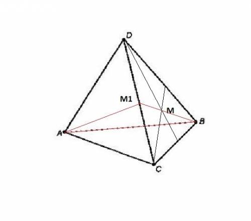 Постройте сечение тетраэдра авсd плоскостью, проходящей через точки а, в и м, где м - точка пересече