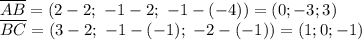 \overline{AB}=(2-2; \ -1-2; \ -1-(-4))=(0;-3;3) \\\overline{BC}=(3-2; \ -1-(-1); \ -2-(-1))=(1;0;-1)