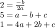2= \frac{-b}{2a} \\5=a-b+c&#10;\\1=4a+2b+c