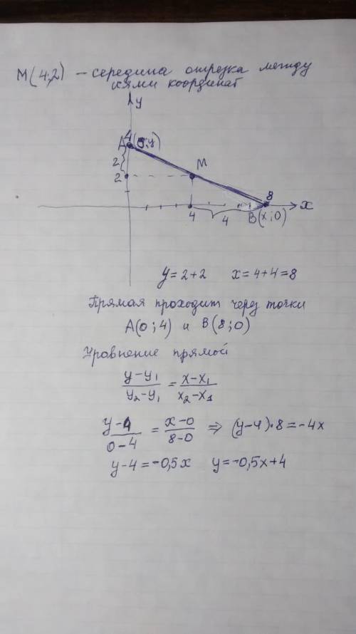 20 ! составить уравнение прямой, если точка м(4; 2) лежит на этой прямой и является серединой отрезк