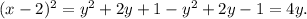 (x-2)^2=y^2+2y+1-y^2+2y-1=4y.