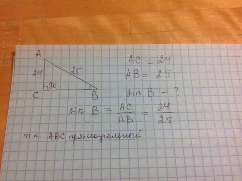 Втреугольнике abc угол c равен 90°, ac=24, ab=25. найдите sinb.