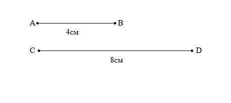 Начерти два отрезка: длина одного 4см, она составляет половину длины второго отрезка. назови отрезки