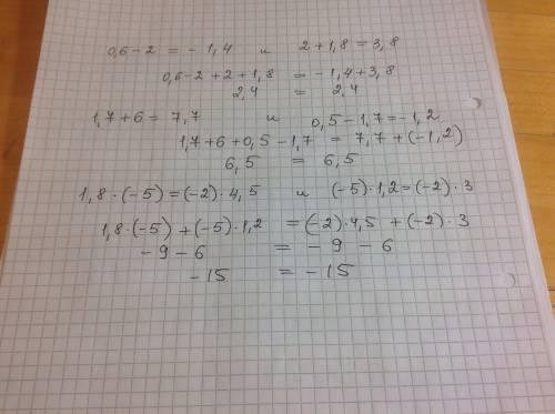 Выполните почленное сложение верных числовых равенств 0,6-2=-1,4и2+1,8=3,8 1,7+6=7,7и0,5-1,7=-1,2 1,