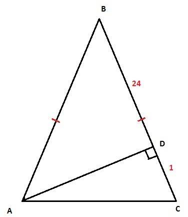 Вравнобедренном треугольнике авс высота ad разбивает боковую сторону вс на отрезки bd = 24 см и dc =