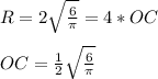 R=2 \sqrt{ \frac{6}{ \pi } }=4*OC \\ \\ OC = \frac{1}{2} \sqrt{ \frac{6}{ \pi } }