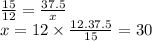 \frac{15}{12} = \frac{37.5}{x} \\ x = 12 \times \frac{12.37.5}{15} = 30