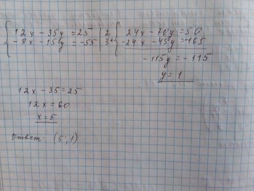 Решите систему уравнений методом сложения, {12х-35у=25{-8х-15у=-55 ​