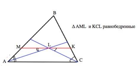 Втреугольнике abc биссектрисы углов a и c пересекаются в точке l. через точку l проведена прямая mk