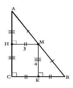 Середина гипотенузы прямоугольного треугольника удалена от его катетов на 4 см и 3 см.найдите площад