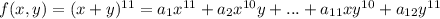 f(x,y)=(x+y)^{11}=a_1x^{11}+a_2x^{10}y+...+a_{11}xy^{10}+a_{12}y^{11}