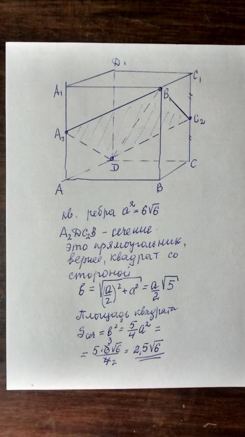 Дано куб abcda1b1c1d1. знайти площу перерізу куба площиною, яка проходить через вершини в1 і d та се