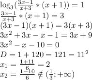 \log_3( \frac{3x-1}{x+3} *(x+1))=1&#10;\\ \frac{3x-1}{x+3} *(x+1)=3&#10;\\(3x-1)(x+1)=3(x+3)&#10;\\3x^2+3x-x-1=3x+9&#10;\\3x^2-x-10=0&#10;\\D=1+120=121=11^2&#10;\\x_1= \frac{1+11}{6} =2&#10;\\x_2= \frac{1-10}{6} \notin ( \frac{1}{3};+\infty)