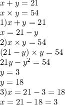 x + y = 21 \\ x \times y = 54 \\ 1)x + y = 21 \\ x = 21 - y \\ 2)x \times y = 54 \\ (21 - y) \times y = 54 \\ 21y - {y}^{2} = 54 \\ y = 3 \\ y = 18 \\ 3)x = 21 - 3 = 18 \\ x = 21 - 18 = 3