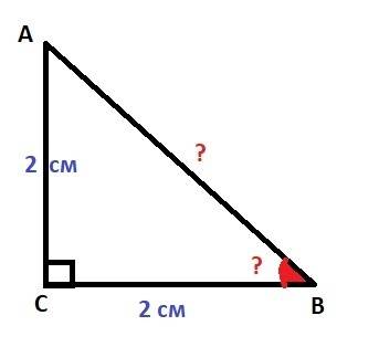 Впрямоугольном треугольнике abc (угол c 90°) ac=2см, bc=2. найдите угол b и гипотенузу ab