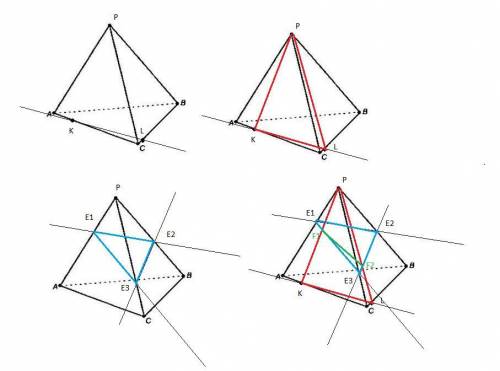 Плоскость проходит через вершину p тетраэдра pabc. отметьте две точки на ребрах основания тетраэдра.