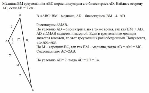 Медиана bm треугольника abc перпендикулярна его биссектрисе ad. найдите сторону ac, если ab=7см