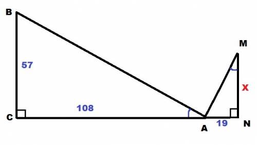 На рисунке изображены два треугольника δabc и δman причем угол ∠bac∠bac =∠amn∠amn , ∠c =∠n =90° найт