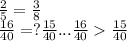 \frac{2}{5} = \frac{3}{8} \\ \frac{16}{40} =? \frac{15}{40} ... \frac{16}{40} \frac{15}{40}