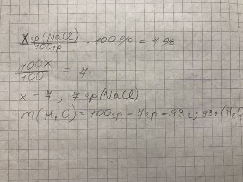 Рассчитайте массу соли и воды которые потребуются для приготовления 100г 7 %ного раствора соли
