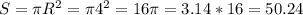 S = \pi R^{2} = \pi 4^{2} = 16 \pi = 3.14 * 16 = 50.24