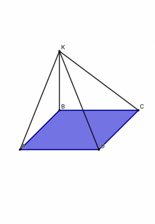 Кплоскости, в которой лежит квадрат abcd проведён перпендикуляр kb, такой же длины, как сторона квад
