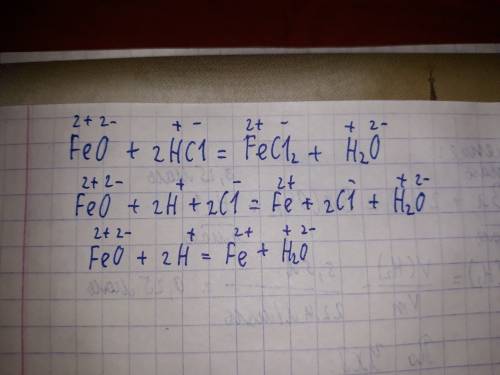 Напишите полное ионное уравнение и сокрщённое уравнение к этой реакции. feo + hcl = fecl2 + h2o