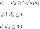 d_1+d_2\geq 2\sqrt{d_1d_2}\\ \\ \sqrt{d_1d_2}\leq 6\\ \\ d_1d_2\leq 36