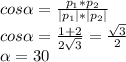 cos \alpha = \frac{p_1*p_2}{|p_1|*|p_2|}\\cos \alpha = \frac{1+2}{ 2\sqrt{3} }= \frac{ \sqrt{3} }{2}\\ \alpha =30