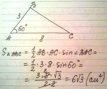 Треугольник авс ав 3 см, ас 8 см угол а=60 градусов. найти площадь, по теореме косинусов