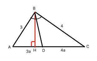 Втреугольнике abc стороны ab = 3 см, bc = 4 см. bd = биссектриса. найдите отношение площади треуголь