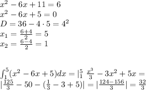 x^2-6x+11=6 \\ &#10;x^2-6x+5=0\\ &#10;D=36-4 \cdot 5=4^2\\ &#10;x_{1}=\frac{6+4}{2}=5\\ &#10;x_{2}=\frac{6-4}{2}=1\\\\&#10; &#10; \int_{1}^{5} (x^2-6x+5) dx = | ^{5}_{1} \ \frac{x^3}{3}-3x^2+5x = \\ &#10; | \frac{125}{3}-50 - (\frac{1}{3}-3+5) |= |\frac{124-156}{3}| = \frac{32}{3}