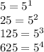 5 = {5}^{1} \\ 25 = {5}^{2} \\ 125 = {5}^{3} \\ 625 = {5}^{4}