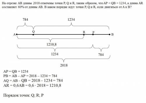 На отрезке ab длины 2018 отмечены точки p,q и r, таким образом, что ap= qb=1234, а длина ar составля