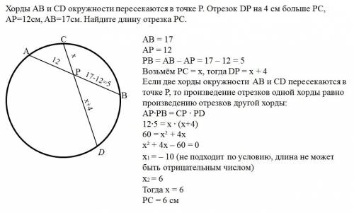 Хорды ab и cd окружности пересекаются в точке p. отрезок dp на 4 см больше pc, ap=12см, ab=17см. най