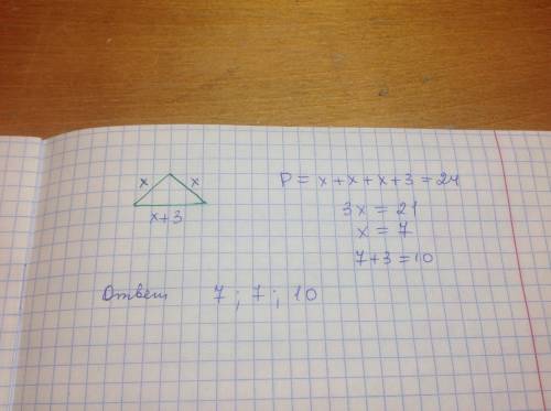 Знайдіть сторони рівнобедренного трикутника, якщо його периметр дорівнює 24 см, а основа на 3 см біл