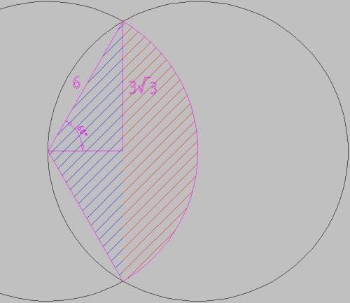 Два круга радиусами 6 см пересекаются по общей хорде длиной 6 корней из 3 см.найдите площадь общей ч