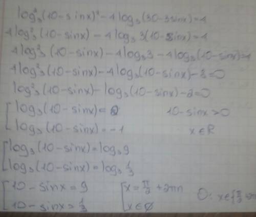 Решить уравнение: (log по основанию 3 от (10-sinx)^2)^2 - 4log по основанию 3 от (30-3sinx) = 4