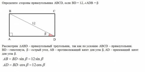 Определите стороны прямоугольника abcd, если bd = 12. уголadb = β