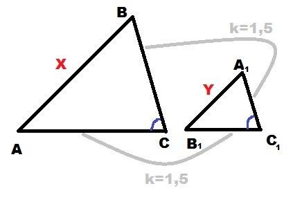 Втреугольниках abc и a1 b1 c1,вс: а1с1=ас: в1с1=1,5., угол с равен углу с1. найдите стороны ав и а1в